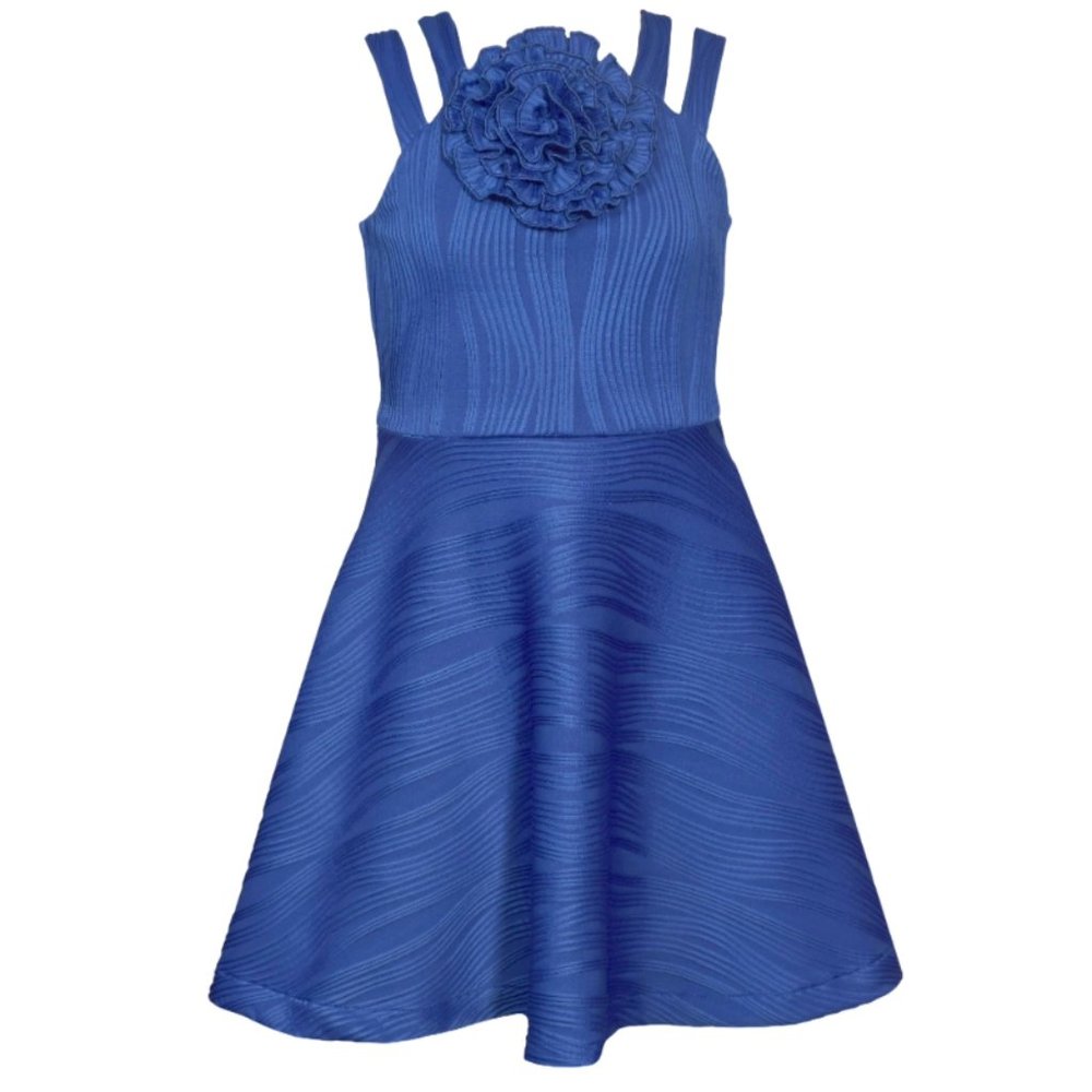 Bonnie Jean Girls Size 7-16 Royal Crinkle Knit Rosette Skater Dress
